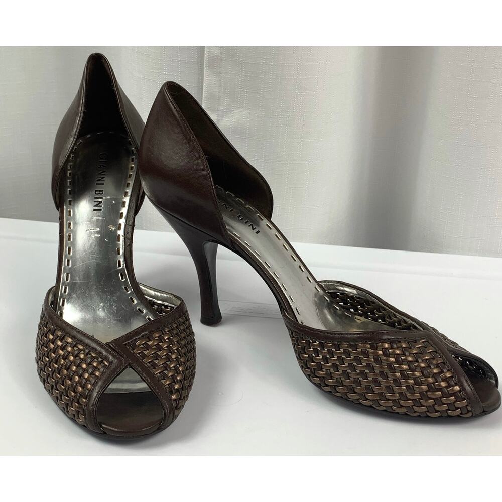 Gianni Bini Heels Weaved Brown Bronze Peep Toe  7.5M